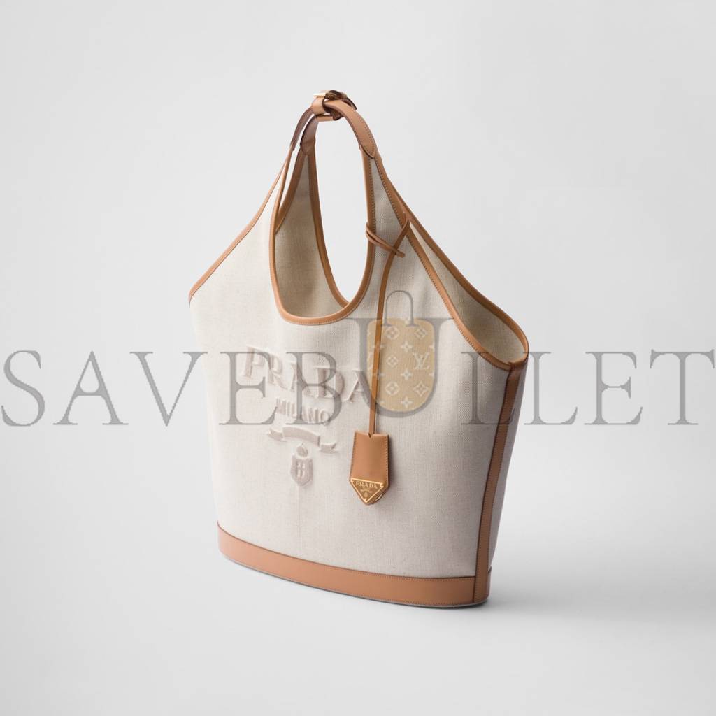 Pra*a large linen blend and leather tote bag 1bg472 (37*30*13cm)